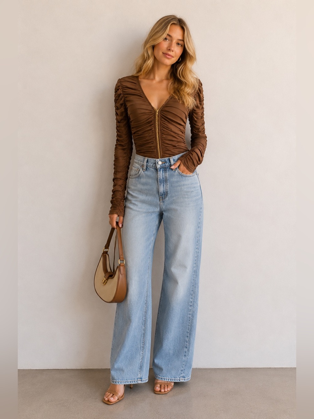 Ruched Brown Clip Front Women's Top